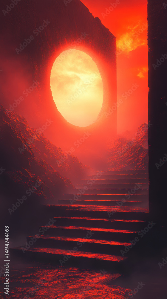 Fototapeta premium Mystical fiery sunset with glowing sun framed by ancient canyon walls and stone steps leading into the fiery horizon creating a surreal dramatic landscape
