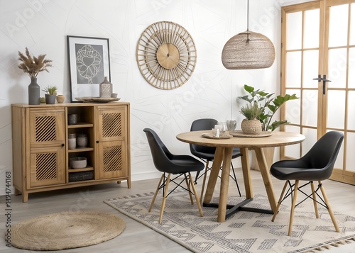 Stylish Modern Dining Room with Wooden Table and Black Chairs