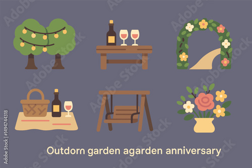 Outdoor garden flat icons set – picnic, floral, anniversary graphics collection