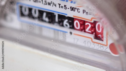 Macro shot of water meter dial turning to log precise volumetric usage in residential plumbing system during routine inspection