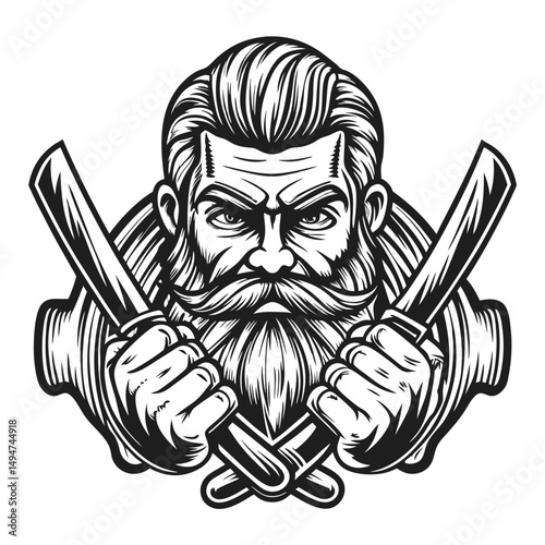 Intense Barber with Crossed Straight Razors, Vector Illustration                                                                                      