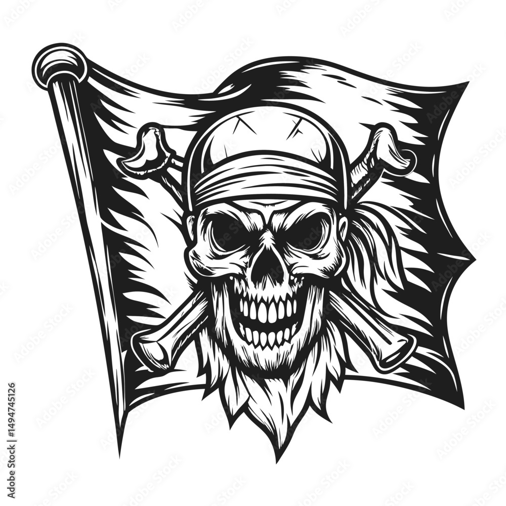 Fototapeta premium Monochrome Skull with Bandana and Crossbones on a Tattered Pirate Flag, Detailed Vector Illustration 