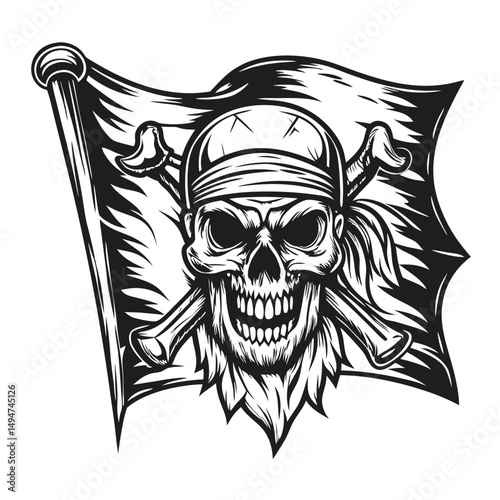 Monochrome Skull with Bandana and Crossbones on a Tattered Pirate Flag, Detailed Vector Illustration                                                  