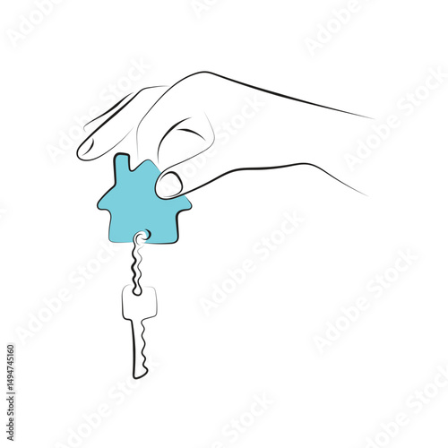 closeup hand holding house key illustration vector hand drawn with black lines isolated on white background
