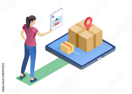 Woman order online, receive parcel box, tracking location. Delivery service, logistic concept. Flat isometric vector illustration.