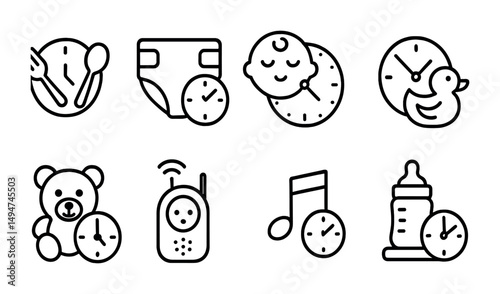 Baby care line icons set – outline, linear, childcare and nursery symbols