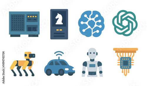 Artificial intelligence icons set – flat, filled, machine learning and neural network