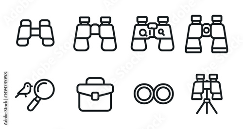 Binoculars and exploration line icons set – linear, outline, adventure tools