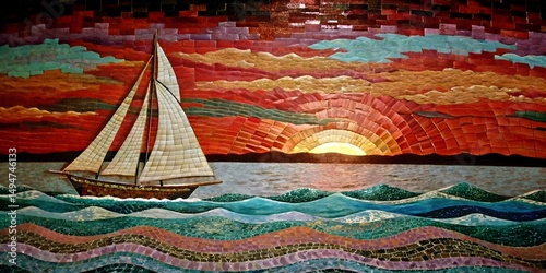 Colorful Mosaic Seascape with Sailboat