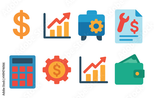 Finance and business flat icons set – currency, charts, financial symbols collection