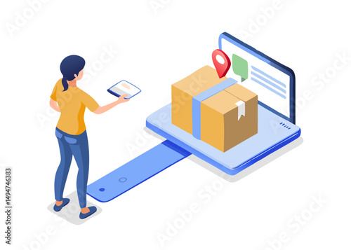 Woman order online, receive parcel box, tracking location. Delivery service, logistic concept. Flat isometric vector illustration.