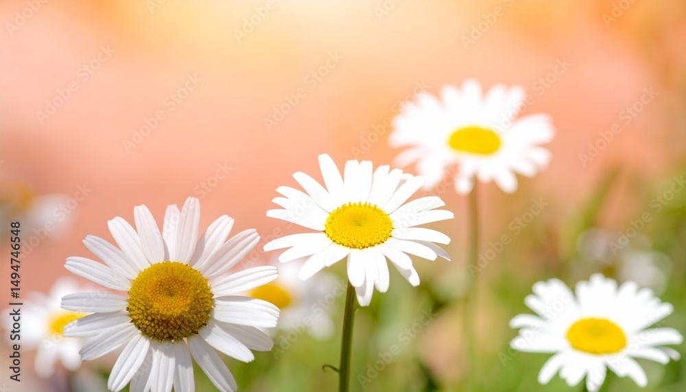 Fototapeta premium Daisies in soft sunlight with peach bokeh, capturing the spirit of summer solstice