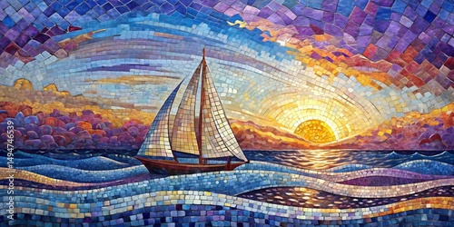 Colorful Mosaic Seascape with Sailboat