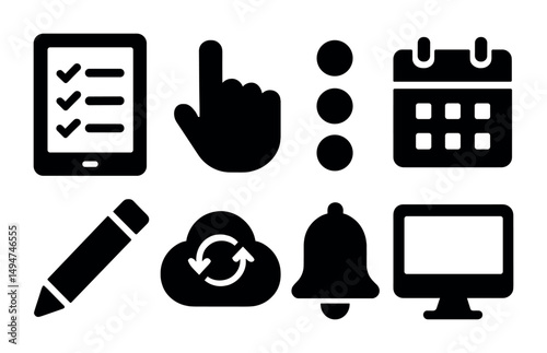 Business and productivity solid icons set – filled, professional, workflow symbols