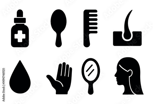 Hair care solid icons set – filled, silhouette, grooming and beauty symbols