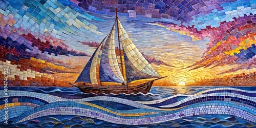 Colorful Mosaic Seascape with Sailboat