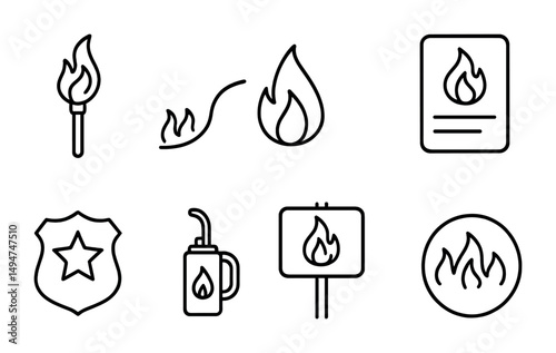 Fire and safety outline icons set – linear, emergency and warning symbols