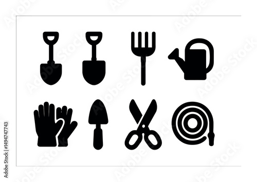 Gardening tools solid icons set – filled, yard, horticulture symbols