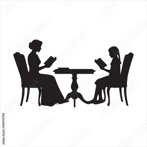 Mother teaching child silhouette vector illustration