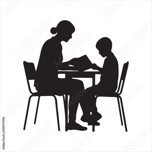 Mother teaching child silhouette vector illustration