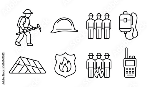 Firefighter line icons set – safety, emergency response symbols