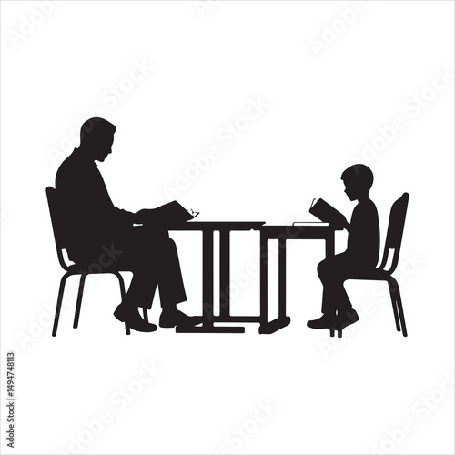 Father teaching child silhouette vector illustration