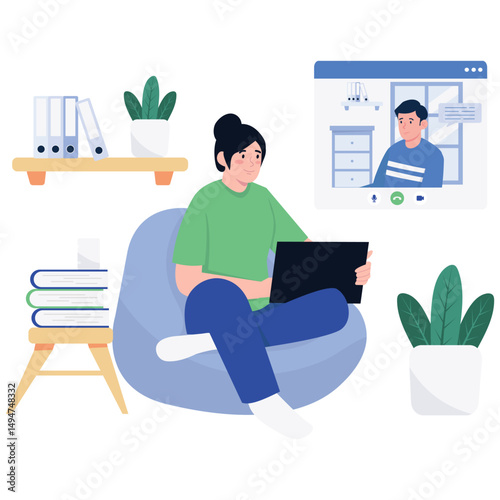Remote Work Illustration. Vector illustration of A woman joining a video call from home on her laptop, connecting with a colleague online. Isolated on background