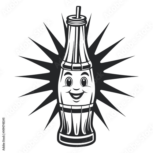 Monochrome Soda Bottle Cartoon Character with Face and Straw, Isolated on White with Sunburst Background - Design Element                             