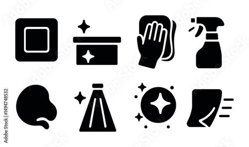 Cleaning tools solid icons set – silhouette, filled, sanitation and hygiene symbols
