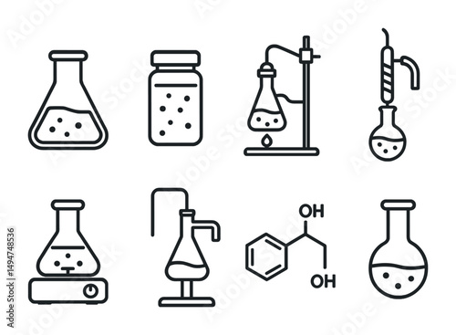 Chemistry and laboratory icons set – outline, linear, science experiment symbols