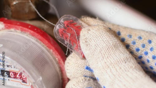 Macro close-up showing technician inspecting tamper-evident seal on residential water meter during routine compliance check