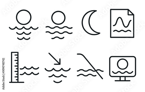 Water level line icons set – outline, gauge, measurement and monitoring symbols