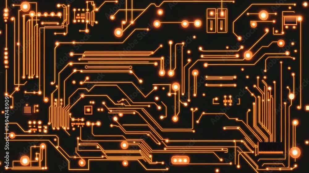 Glowing circuit board with blinking dots