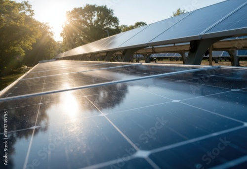 Solar panels reflecting sunlight in a renewable energy installation