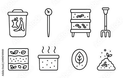 Garden and compost outline icons set – linear, organic, eco-friendly symbols