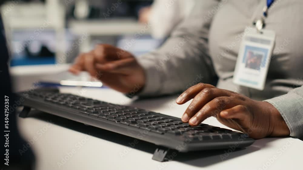Close up of data center admin coding, writing script on PC identifying bottlenecks. Server farm IT expert typing on computer keyboard, troubleshooting bugs, implementing optimizations, camera A