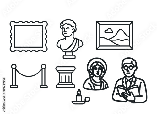 Museum and art linear icons set – outline, gallery, historic exhibit symbols