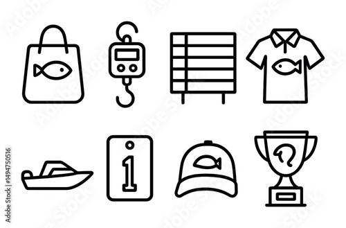 Fishing and boating line icons set – outline, linear, angling and watercraft symbols