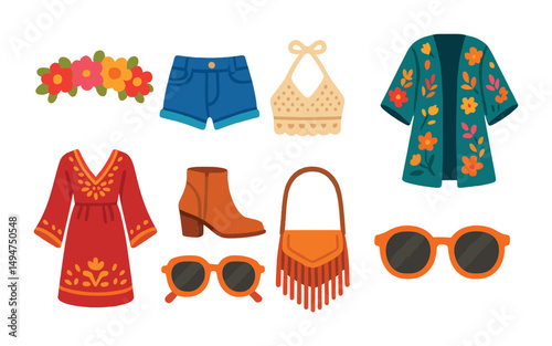 Boho fashion flat icons set – chic, trendy, summer and festival wardrobe symbols