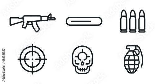 Military and weaponry outline icons set – army, combat, tactical symbols