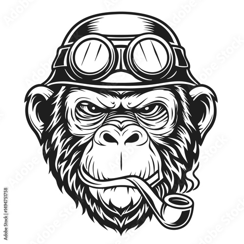Vintage Gorilla Biker with Pipe: Striking Black and White Graphic for Apparel or Tattoo Design, Cool Primate Character, Retro Pilot Style.            