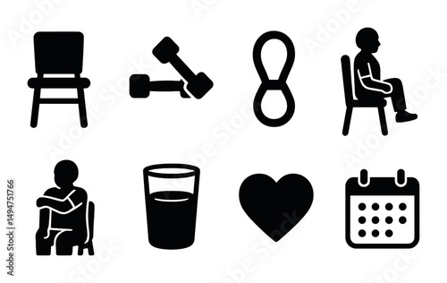 Fitness and wellness silhouette icons set – solid, filled, exercise symbols