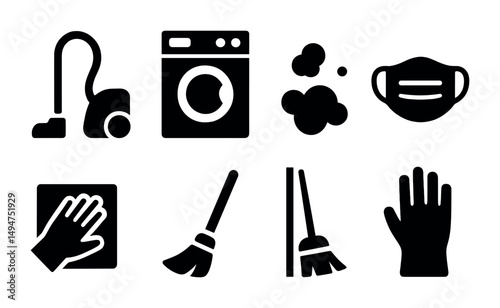 Cleaning and hygiene solid icons set – filled, vacuum, washing, sanitation symbols
