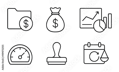 Finance and business outline icons set – linear, budget, investment symbols