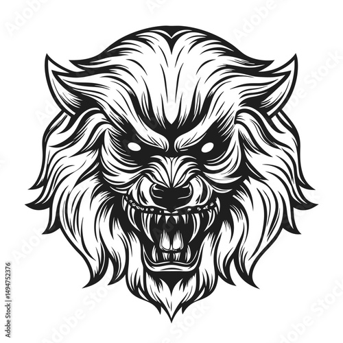Monochrome Illustration of a Ferocious Werewolf Head with Sharp Teeth, Menacing Gaze, and Wild Fur against a Clean White Backdrop.                    