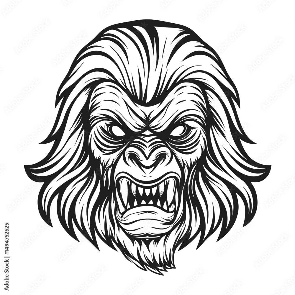 Obraz premium Detailed Black and White Vector Illustration of a Fierce Yeti Head with Sharp Teeth and Furry Mane, Isolated on White Background 
