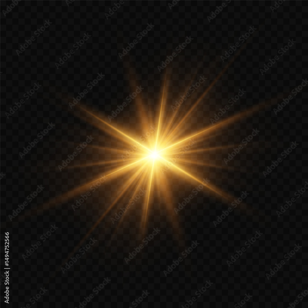 Fototapeta premium Shining golden star light flash with realistic lens flare. On a transparent background