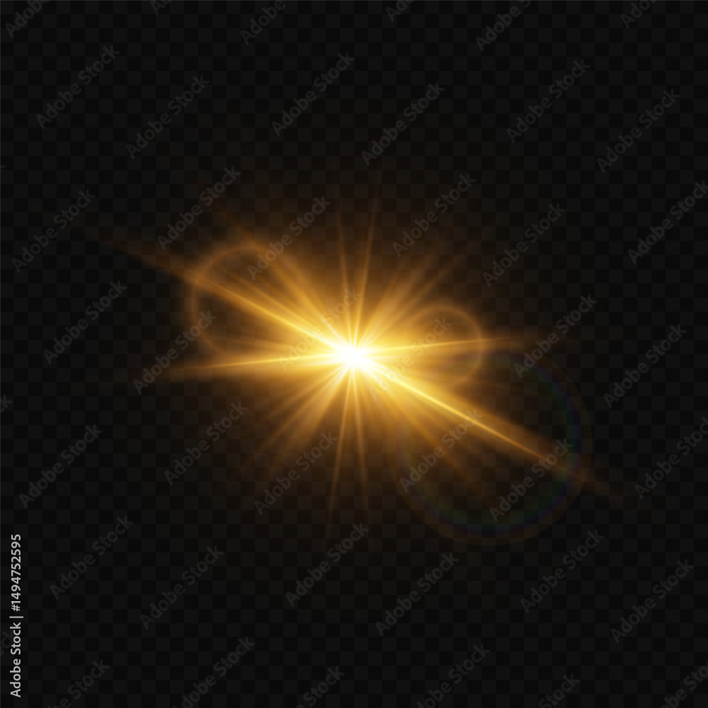 Fototapeta premium Shining golden star light flash with realistic lens flare. On a transparent background