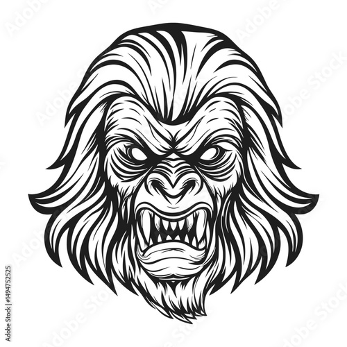Detailed Black and White Vector Illustration of a Fierce Yeti Head with Sharp Teeth and Furry Mane, Isolated on White Background                      