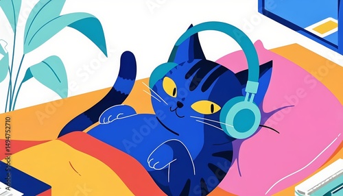 Flat illustration of a cat wearing headphones, enjoying music in vivid pop art colors. Bold, playful composition. Suitable for creative projects, posters, merchandise